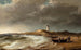 Fischer in der Nähe ihrer Boote am Strand in der Nähe des Leuchtturms von Skagen - Anton Melbye — Ansicht des Kunstwerks