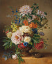 Eine Pfingstrose, Rhododendron, Azalee, Antirrhinum und ein Maiglöckchen in einer geschnitzten Vase auf einer Steinschwelle mit einem Vogelnest - Anton Weiss — Ansicht des Kunstwerks