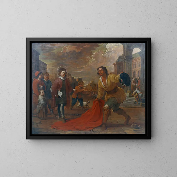 Ein einfacher Mann legt seinen Mantel zu Füßen von Heiligen Franziskus Kind - Antoni Viladomat — gerahmtes Bild an der Wand