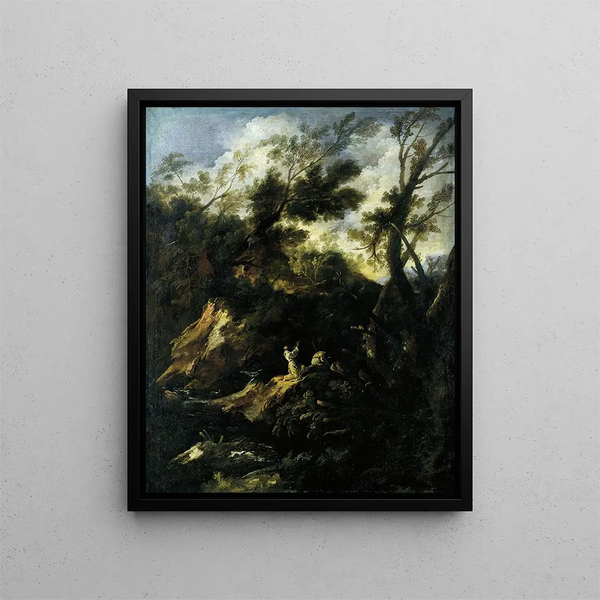 Landschaftsgemälde mit zwei Mönchen im Gebet - Antonio Francesco Peruzzini — gerahmtes Bild an der Wand