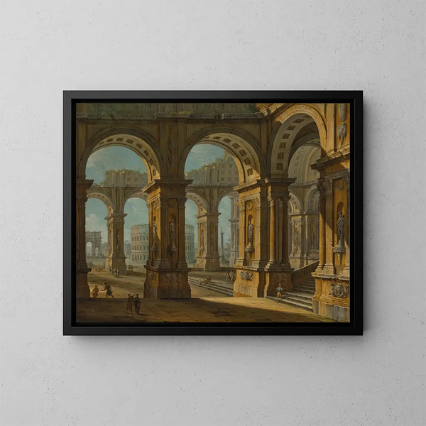 Ein Laune Roms mit dem Kolosseum und dem Titusbogen - Antonio Joli — gerahmtes Bild an der Wand