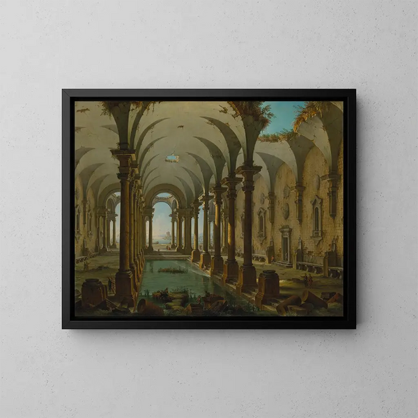 Ein Laune der Bäder, teilweise zerstört, mit Menschen, die schwimmen - Antonio Joli — gerahmtes Bild an der Wand