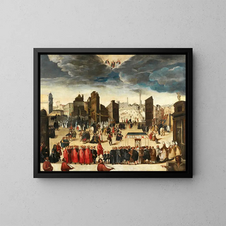Die Prozession zur Weihe des Insigne Collegiata di Santa Maria in Provenzano in Siena - Antonio di Taddeo Gregori — gerahmtes Bild an der Wand
