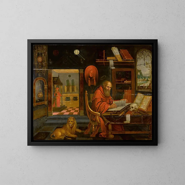 Heiliger Hieronymus in seinem Studierzimmer mit dem Löwen - Schule von Antwerpen — gerahmtes Bild an der Wand