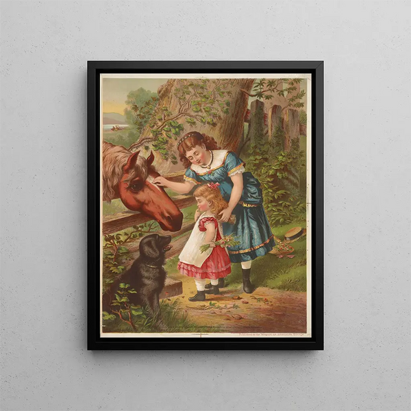 Zwei junge Mädchen mit einem Pferd und einem Hund - Armstrong & Co. Lith. — gerahmtes Bild an der Wand