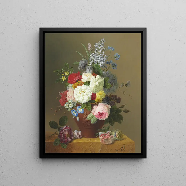 Arnoldus Bloemers - Roses Poppies Cornflowers Convulvulus Jasmine Fritilleries a Primula a Peony and Lilac in a terracotta Vase with a Sprig of Roses and other Flowers on a Stone Ledge.webp