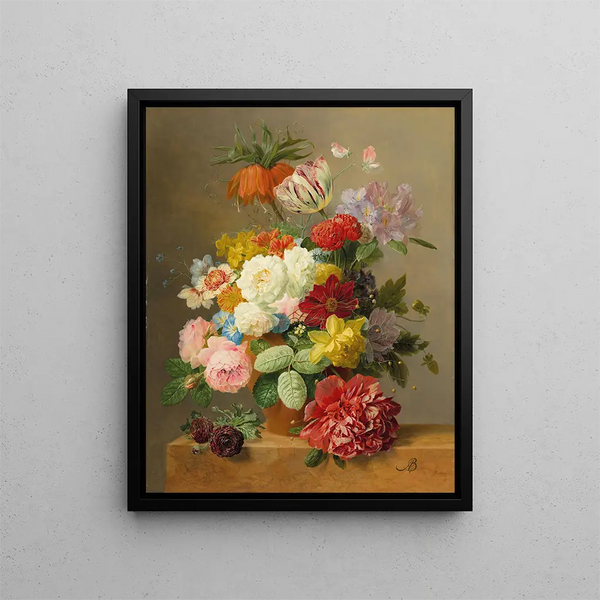Arnoldus Bloemers - Still life with roses peonies tulips narcissi convulvulus and others in a vase on a marble ledge.webp