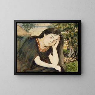 Frau sitzend mit langen Haaren, Kopf in der linken Hand ruhend - Arthur Joseph Gueniot — gerahmtes Bild an der Wand