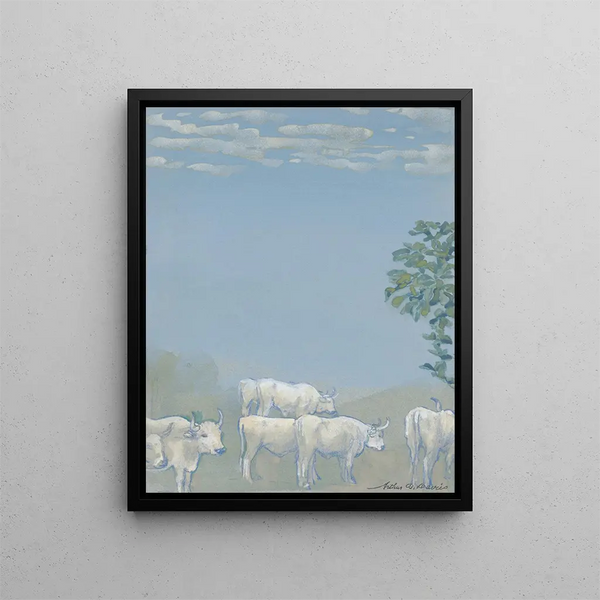 Landschaft mit Kühen - Arthur Bowen Davies — gerahmtes Bild an der Wand