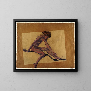 Nacktes weibliches Sitzen im Profil, das nach vorne gebeugt ist - Arthur Bowen Davies — gerahmtes Bild an der Wand