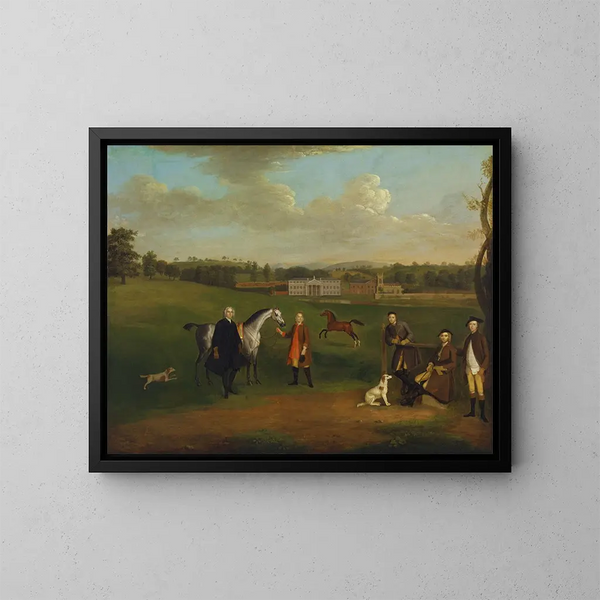 Flucht nach Okeover: Der Reverend John Allen und Kapitän Chester in Okeover Hall, Staffordshire - Arthur Devis — gerahmtes Bild an der Wand