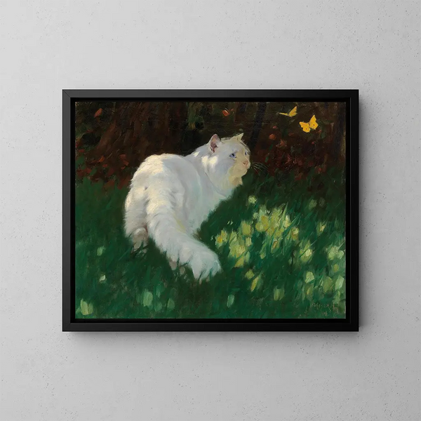 Weißer Katze und Schmetterlinge - Arthur Heyer — gerahmtes Bild an der Wand