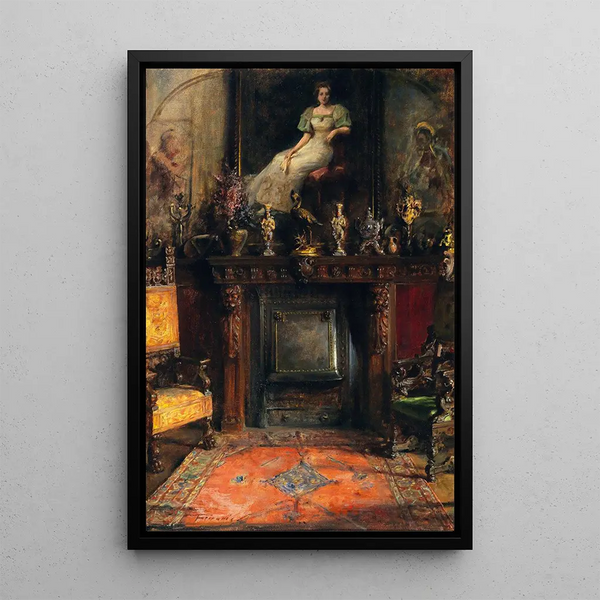 Innentableau mit Blick auf einen Kamin und ein Gemälde - Arthur von Ferraris — gerahmtes Bild an der Wand