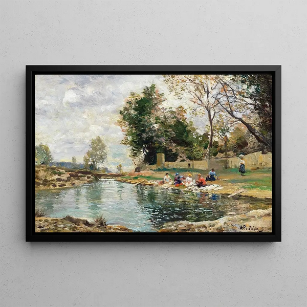 Lavandières an den Ufern eines Flusses - Attilio Pratella — gerahmtes Bild an der Wand