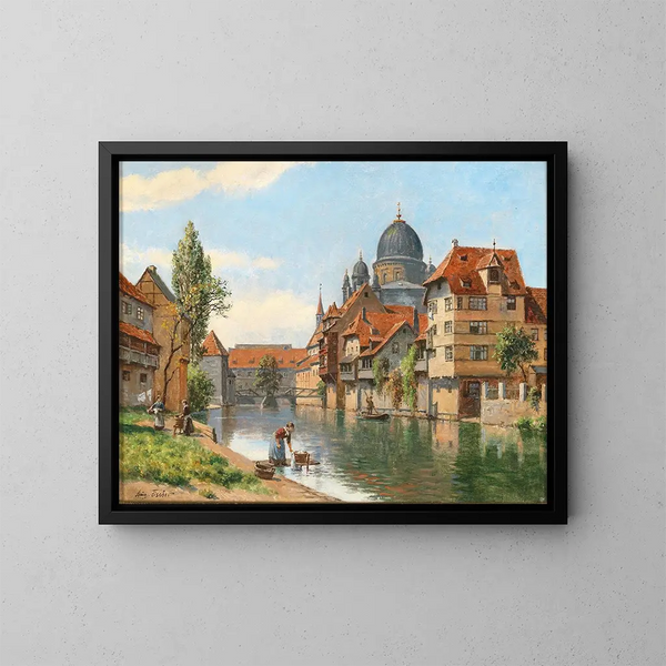 Nuremberg, Blick auf die Synagoge vom Fluss Pegnitz - August Fischer — gerahmtes Bild an der Wand