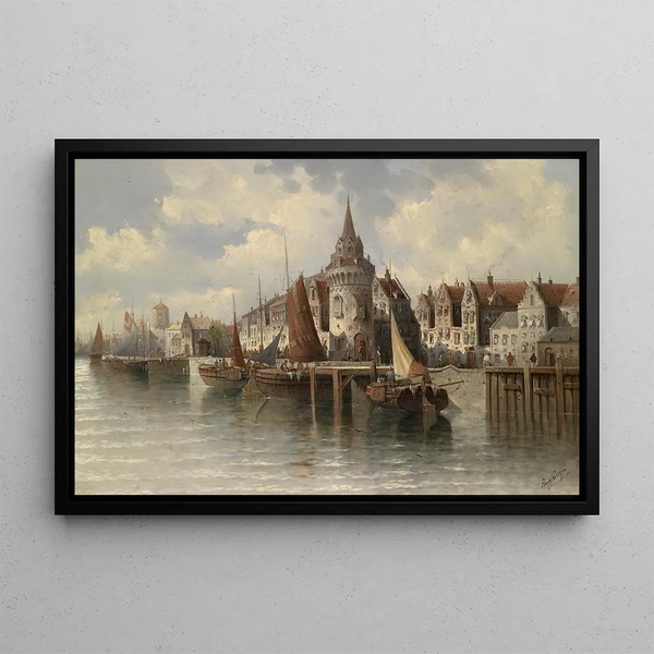 Blick auf eine Hafenstadt - August von Siegen — gerahmtes Bild an der Wand