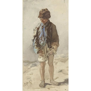 August von Pettenkofen - Hongaarse jongen staande en face blootsvoets en met een pelsmuts op.webp