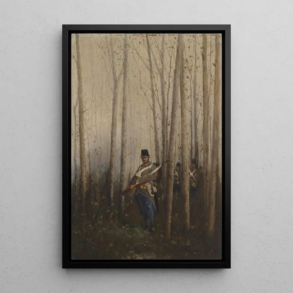 Reproduktion des Gemäldes Wald mit Soldaten - August von Pettenkofen