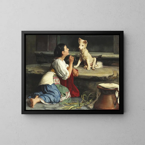 Eine Italienerin spielt mit einem Hund - Axel Helsted — gerahmtes Bild an der Wand