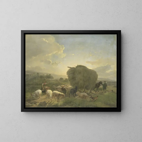 Landschaftsgemälde mit Schafen und Heuwagen - Balthasar Paul Ommeganck — gerahmtes Bild an der Wand