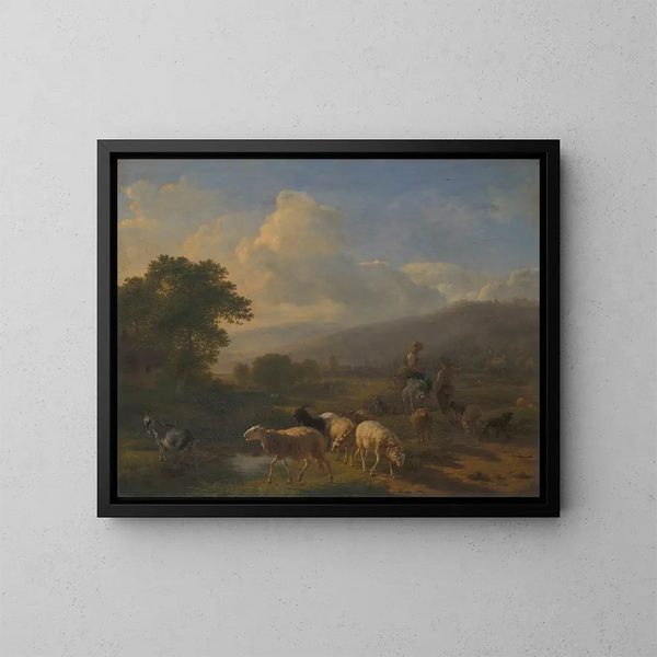 Hirten mit Schafen in einer bergigen Landschaft - Balthasar Paul Ommeganck — gerahmtes Bild an der Wand