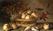 Ein Korb mit Kirschen, Äpfeln, Pfirsichen und einer Traube Trauben, umgeben von Äpfeln, Pfirsichen, Muscheln, Bienen und einer Libelle - Balthasar van der Ast — Ansicht des Kunstwerks