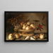 Ein Korb mit Kirschen, Äpfeln, Pfirsichen und einer Traube Trauben, umgeben von Äpfeln, Pfirsichen, Muscheln, Bienen und einer Libelle - Balthasar van der Ast — gerahmtes Bild an der Wand