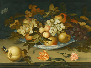 Naturstillleben mit einer Delft-Schüssel voller Früchte auf einem Sims mit Blumen, Insekten und einer Eidechse - Balthasar van der Ast — Ansicht des Kunstwerks