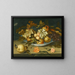 Naturstillleben mit einer Delft-Schüssel voller Früchte auf einem Sims mit Blumen, Insekten und einer Eidechse - Balthasar van der Ast — gerahmtes Bild an der Wand