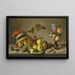 Eine wellensittiche auf einem umgestürzten Korb mit Früchten, einem Zinn-Teller und Muscheln auf einer Steinkante - Balthasar van der Ast — gerahmtes Bild an der Wand