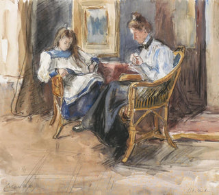 Dame beim Arbeiten und junges Mädchen beim Lesen in Korbsesseln im Haus in der Riouwstraat 6 in Den Haag - Barbara Elisabeth van Houten — Ansicht des Kunstwerks