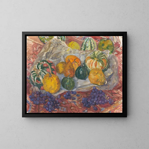 Naturstillleben mit Kürbissen und Trauben auf einem Teppich - Barbara Elisabeth van Houten — gerahmtes Bild an der Wand