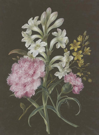 Barbara Regina Dietzsch - Gesteck aus Tuberose Polyanthes rosa Nelke Dianthus und gelber Blume mit Fliege.webp