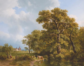 Ein Sommerlandschaft mit Kühen, die ein Schloss in der Ferne tränken - Barend Cornelis Koekkoek — Ansicht des Kunstwerks