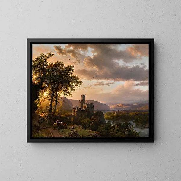Ein sanft geschwungenes Landschaftsbild mit einem Schloss und Reisenden auf einem Weg - Barend Cornelis Koekkoek — gerahmtes Bild an der Wand