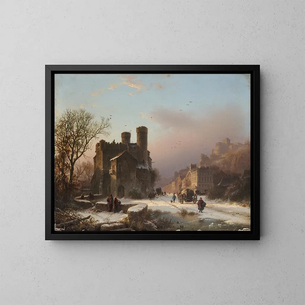 Ein Winterlandschaft mit Figuren in der Nähe eines Dorfes - Barend Cornelis Koekkoek — gerahmtes Bild an der Wand