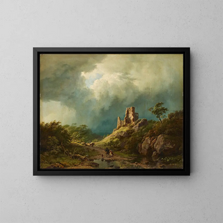 Reisende vor einer Ruine in einer stürmischen Landschaft - Barend Cornelis Koekkoek — gerahmtes Bild an der Wand