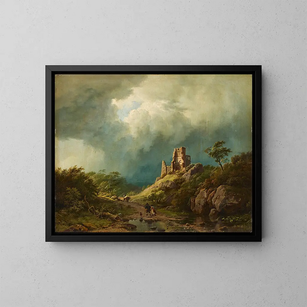 Reisende vor einer Ruine in einer stürmischen Landschaft - Barend Cornelis Koekkoek — gerahmtes Bild an der Wand