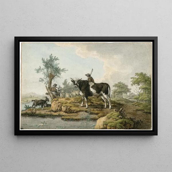 Barend Hendrik Thier - Boeren met jonge stier en ander vee langs waterkant.webp