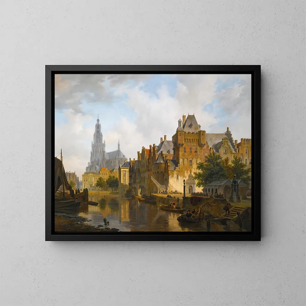 Eine Capriccio-Ansicht des Hofvijver in Den Haag - Bartholomeus Johannes van Hove — gerahmtes Bild an der Wand