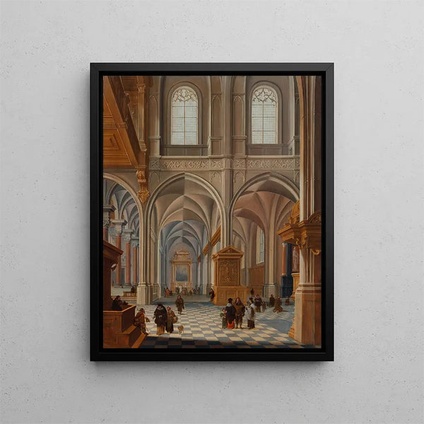 Innenansicht einer Kirche mit elegant gekleideten Figuren, Brüdern und einem Geistlichen - Bartholomeus van Bassen — gerahmtes Bild an der Wand