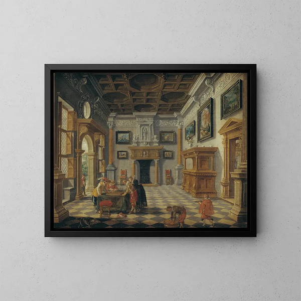 Luxuriöser Renaissance-Innenraum mit Trictrac-Spielern - Bartholomeus van Bassen — gerahmtes Bild an der Wand
