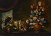 Ein Teller aus Silber mit Geflügel und eine Terrakottavase mit verschiedenen Blumen auf einem Tisch mit einem Papagei und einem Vorhang, eine Landschaft im Hintergrund - Bartolomeo Ligozzi — Ansicht des Kunstwerks