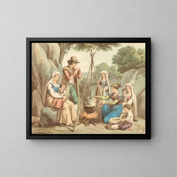 Ein Familie von Bauern, die über einem Lagerfeuer kochen - Bartolomeo Pinelli — gerahmtes Bild an der Wand