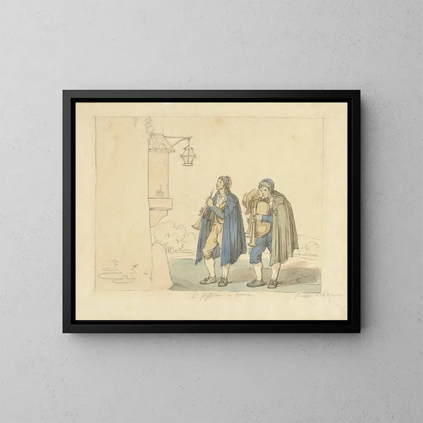 Spieler mit Flöte und Dudelsack vor einem Haus - Bartolomeo Pinelli — gerahmtes Bild an der Wand