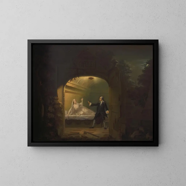 David Garrick und George Anne Bellamy in Romeo und Julia, Akt V, Szene III - Benjamin Wilson — gerahmtes Bild an der Wand