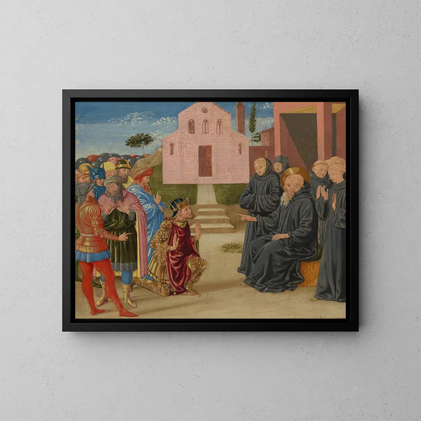 Totila vor dem heiligen Benedikt - Benozzo Gozzoli — gerahmtes Bild an der Wand