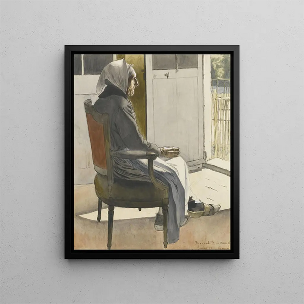 Portrait einer alten Bäuerin, die vor einer Tür sitzt - Bernard Boutet de Monvel — gerahmtes Bild an der Wand