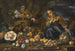 Stillleben mit Wassermelonen, Äpfeln, Feigen, Granatäpfeln, Blumen und Pfirsichen mit einem von einem Affen erschreckten Mädchen - Bernhard Keil — Ansicht des Kunstwerks