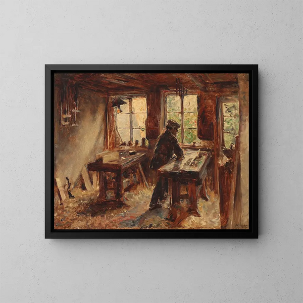 In der Werkstatt des Tischlers - Bertha Wegmann — gerahmtes Bild an der Wand